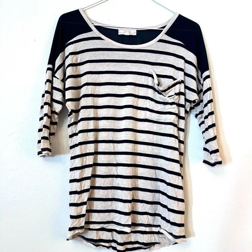 Pink Rose Striped Half Sleeve Sheer Yoke Rayon Blend Pocket Tee Black Pink Large
